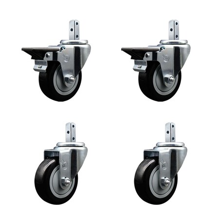 Service Caster 3.5'' Black Polyurethane Wheel Swivel 3/4'' Square Stem Caster Set 2 Brake, 4PK SCC-SQ20S3514-PPUB-BLK-PLB-34-2-S-2